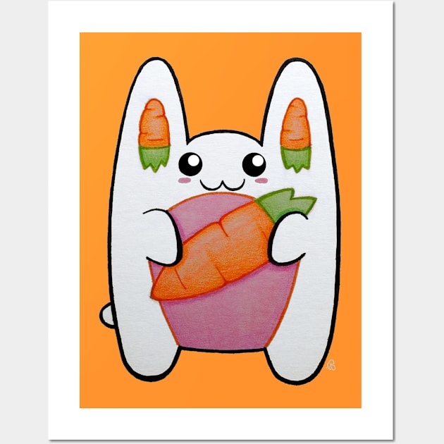 Carrot Cutie - Kawaii White Bunny With a Carrot Wall Art by Elinaana